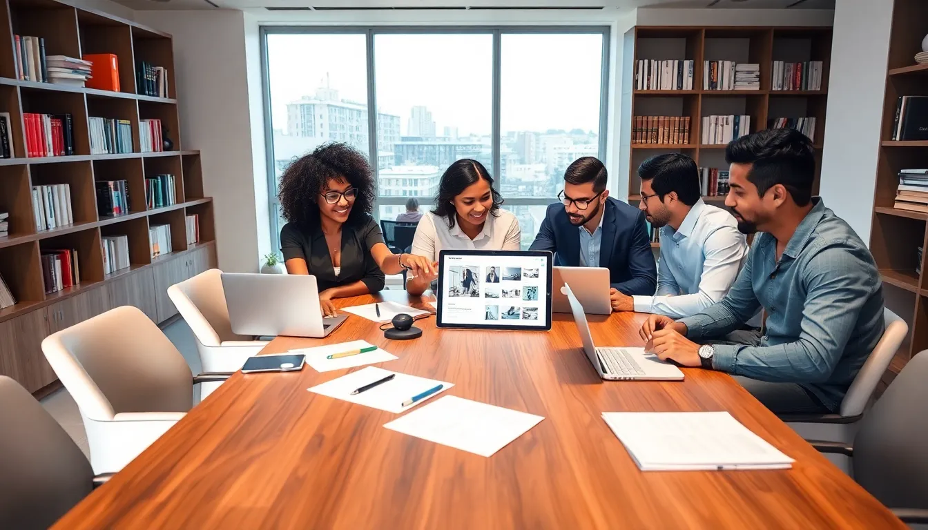 diverse team collaborating in a modern editorial office.
