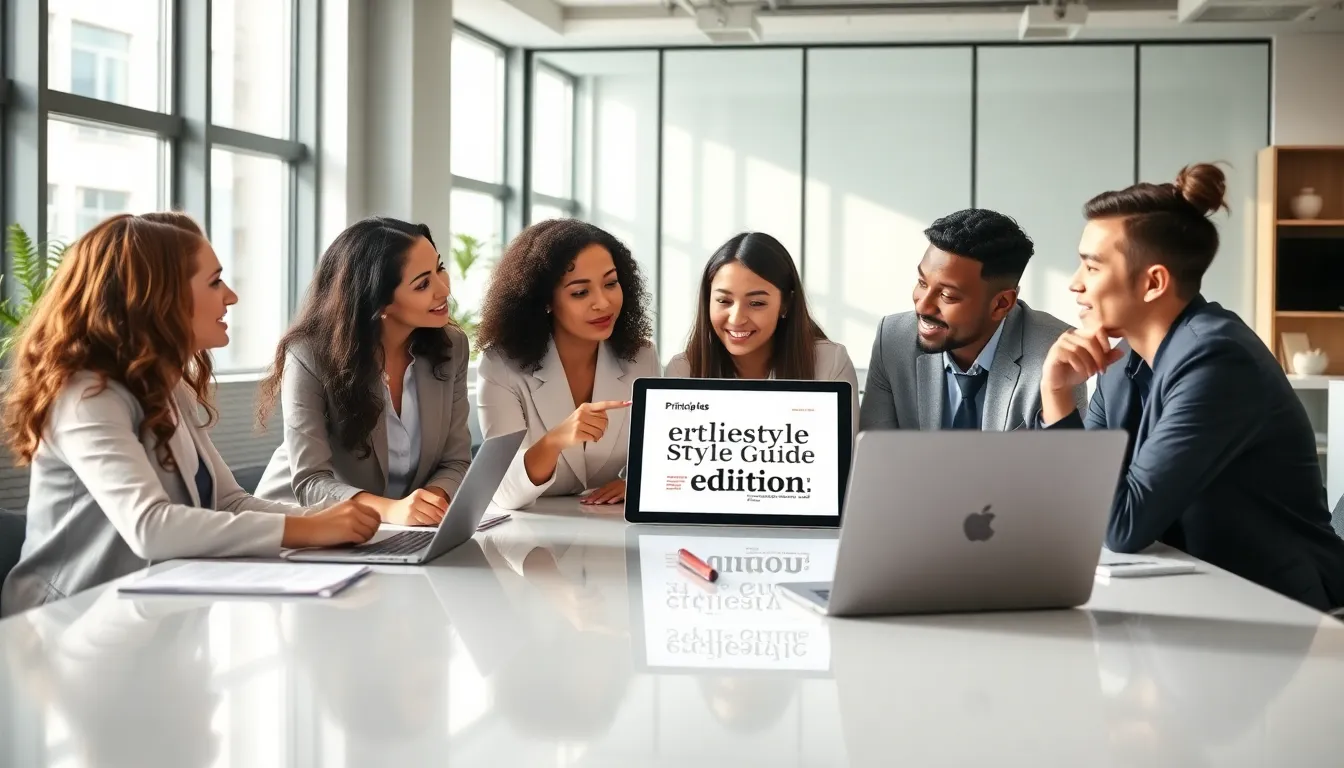 diverse team discussing an editorial style guide in a modern office.